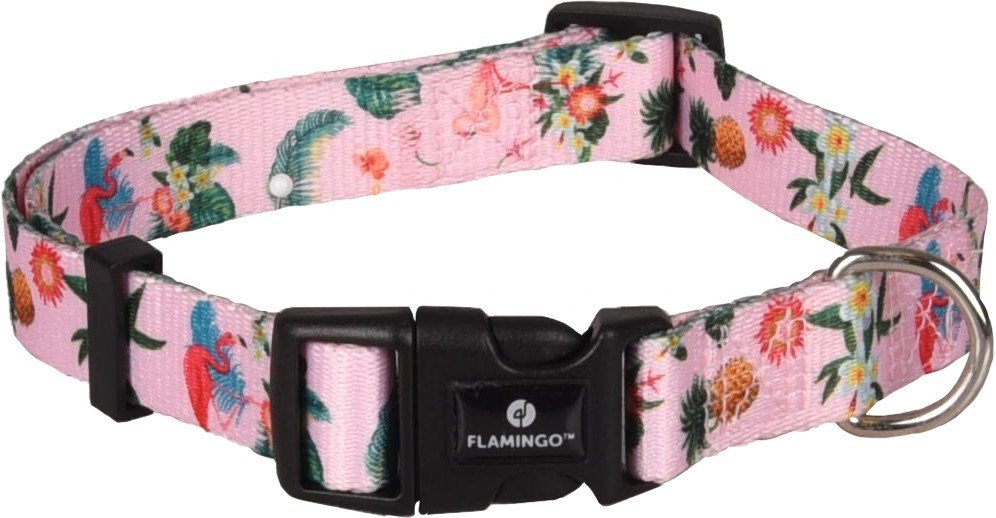 FL 520147  COLLAR SERA PINK/GREEN/YELLOW WITH FLAMINGO 40-55CM 20MM